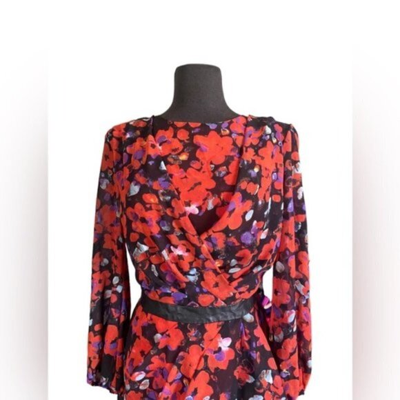 W118 Walter Baker Red Floral Print Sheath Dress Black Leather Waist Band… - Picture 3 of 7
